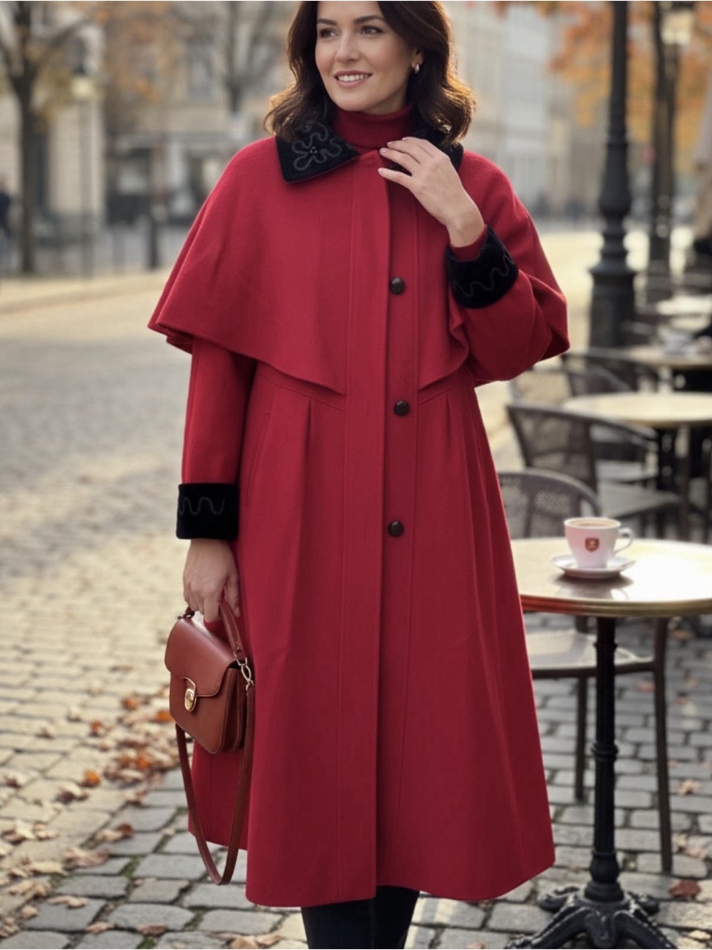 Vintage RARE John Weitz Embroidered Red Wool Coat with Black Collar